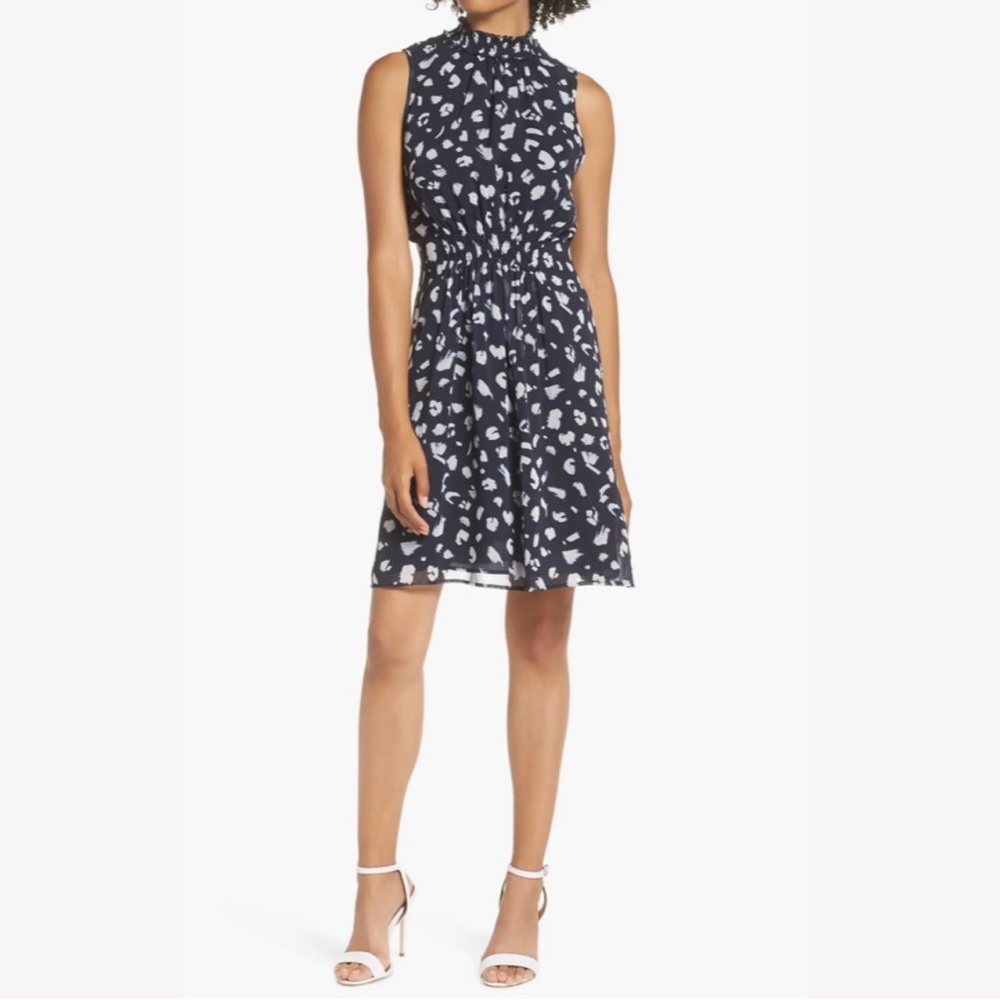 19 Cooper | Ruffle Mock Neck Dress in Navy and White • XS